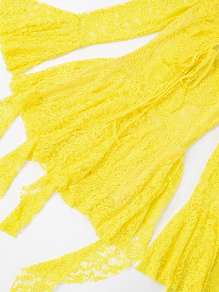 Summer Lace Ruffled Streamer Dress for Women Flare Long Sleeve V Neck Sexy Mini Dress See Through Fashion Elegant Dresses