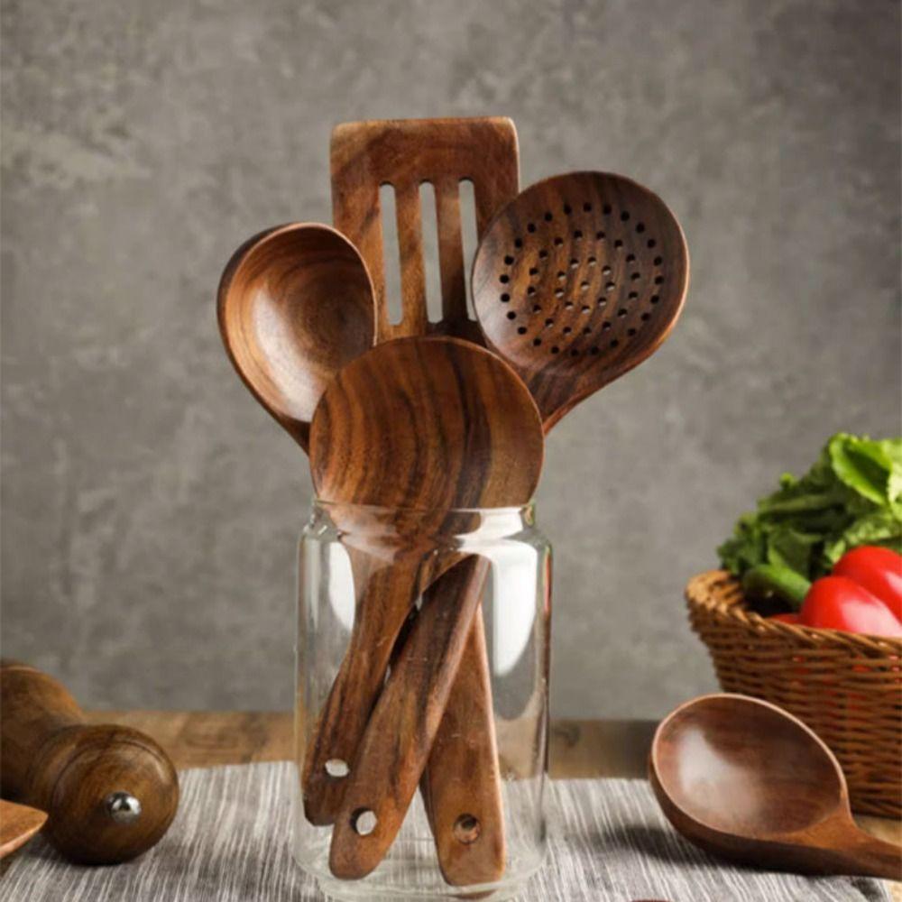 4-8pcs Natural Material Kitchen Utensils Set with Storage Bucket Kitchen Shovel Set  Non-stick Pan