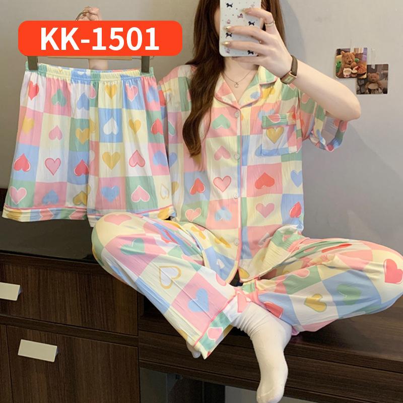 Retro Small Floral High-End Wrinkled Cloth Pajamas Women'S Summer Casual Homewear Short-Sleeved Three-Piece Set
