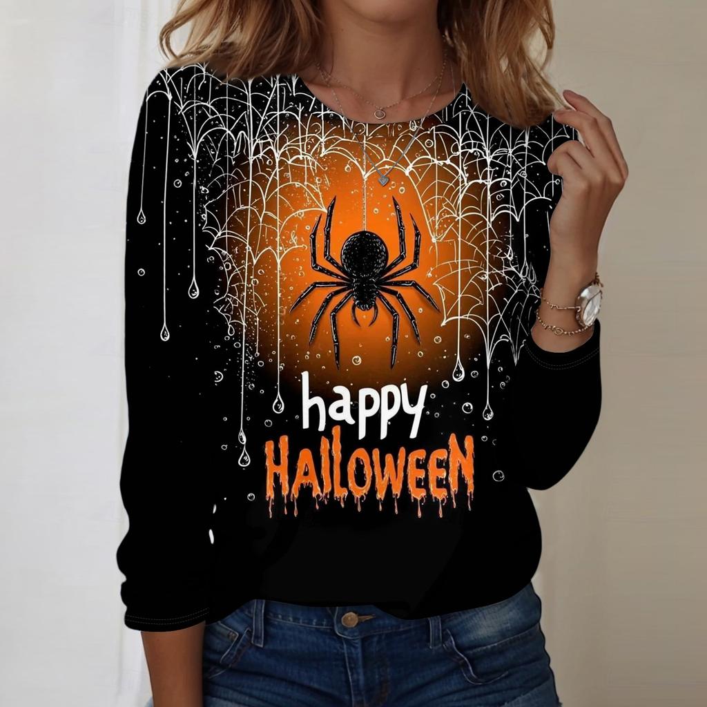 Women's Casual Long Sleeve Crewneck Top with Halloween Print for Fall Festive Wear