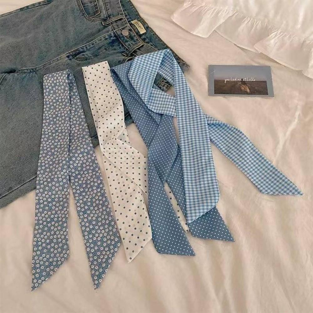 Fashion Light Blue Series Polka Dot Hair Band Plaid Pattern Thin Plaid Neckerchief Flower Plaid Head Band Hair Accessories