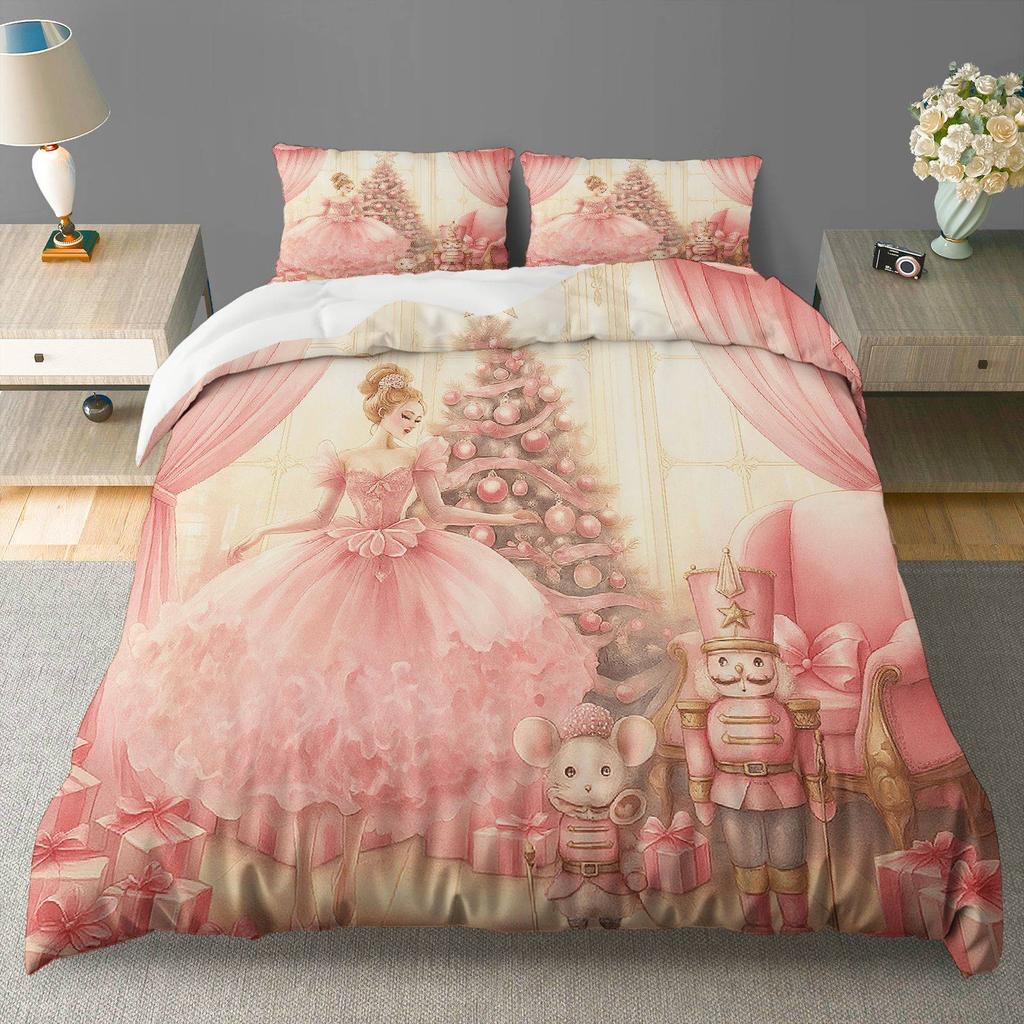 3pcs Christmas Duvet Cover Set - Ballerina Nutcracker & Christmas Tree Design, Soft Pink & White Polyester Bedding with Zipper