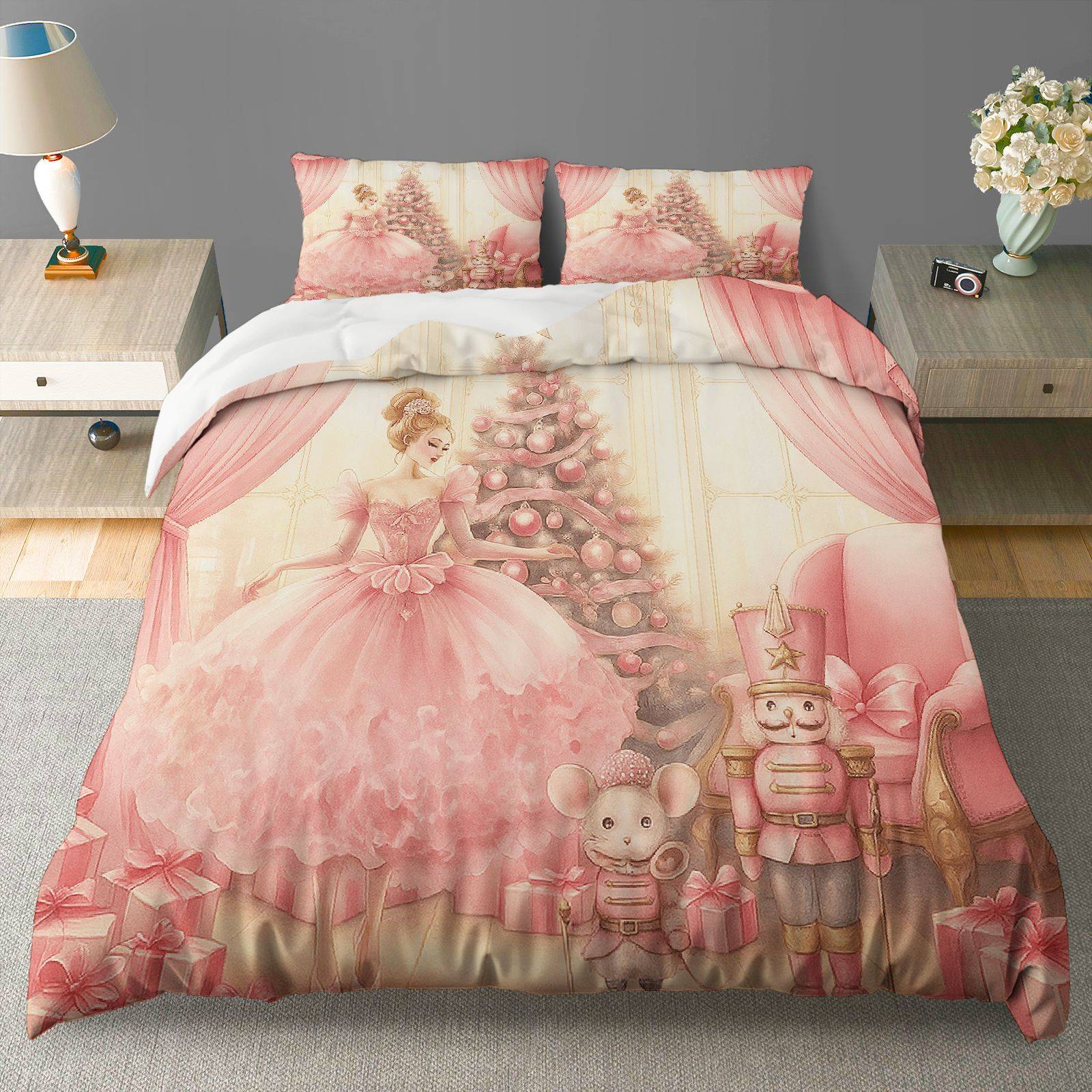

3pcs Christmas Duvet Cover Set - Ballerina Nutcracker & Christmas Tree Design, Soft Pink & White Polyester Bedding with Zipper Duvet Cover Set&EU Single(135x200cm)