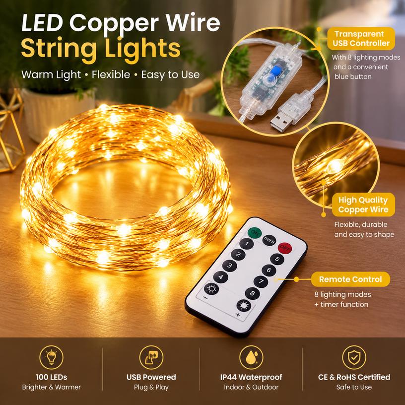 LED Copper Wire String Lights, 10m 100 LEDs, USB Powered, IP44 Waterproof