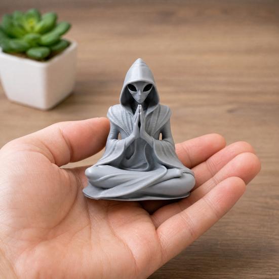 3D Printed Alien Meditation Statue, Zen Desk Decor Ornament, Cute Extraterrestrial Figurine for Home Office, Sci Fi Gift