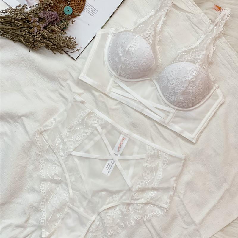 

French Sexy Lace Thin Cup Bra Deep V Small Breasts Gathering Adjustment Bra High Waist Panties Underwear Women 70B білий