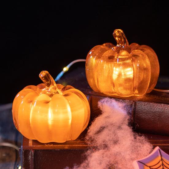 2Pcs LED Glass Pumpkin Set Starry Night Design Halloween Thanksgiving Decor Lighted Lantern Indoor Fall Decoration