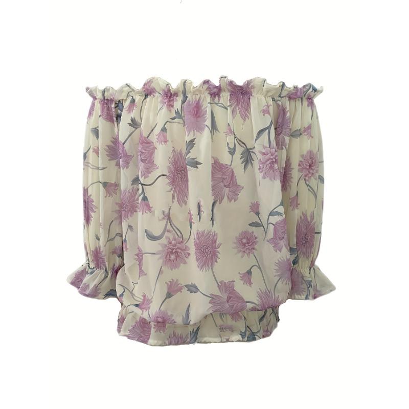 Sommer Bootausschnitt Bedrucktes Chiffon-Hemd Halbtransparent Dünnes Laternenärmel Top für Damen