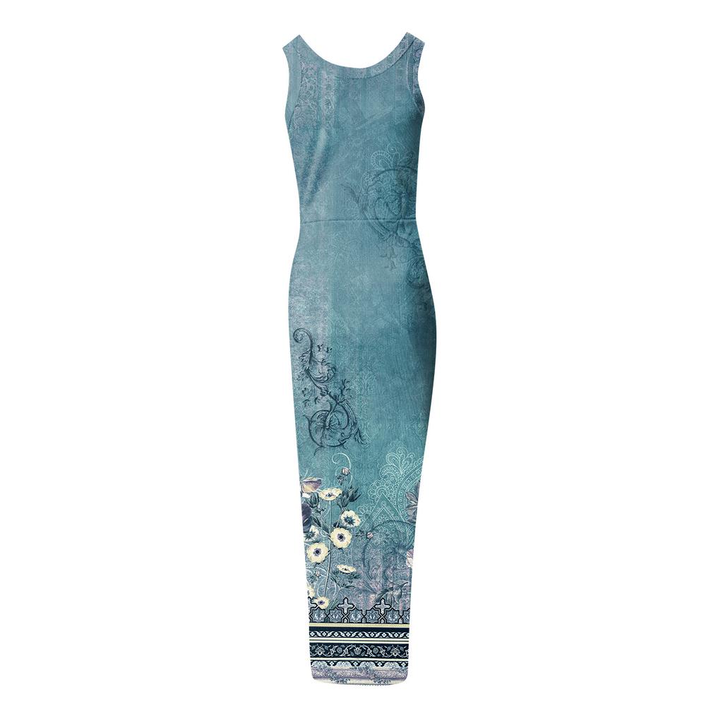 Women's Fashion Printed Ribbed Drawstring Sleeveless Slit Dress