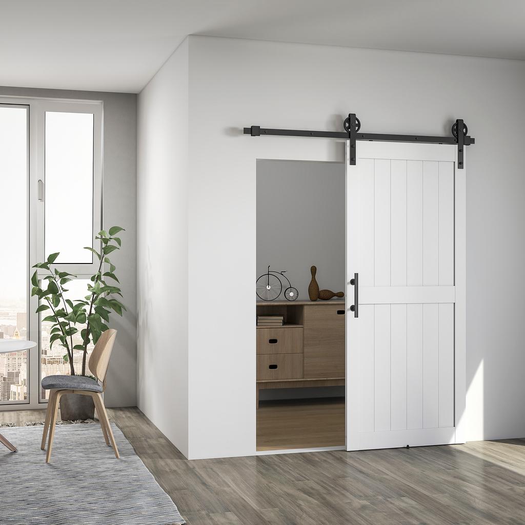 183cm Sliding Barn Door Kit, Sliding Door with Track, Hardware, Upgraded Rollers and Floor Guide, Handle, White