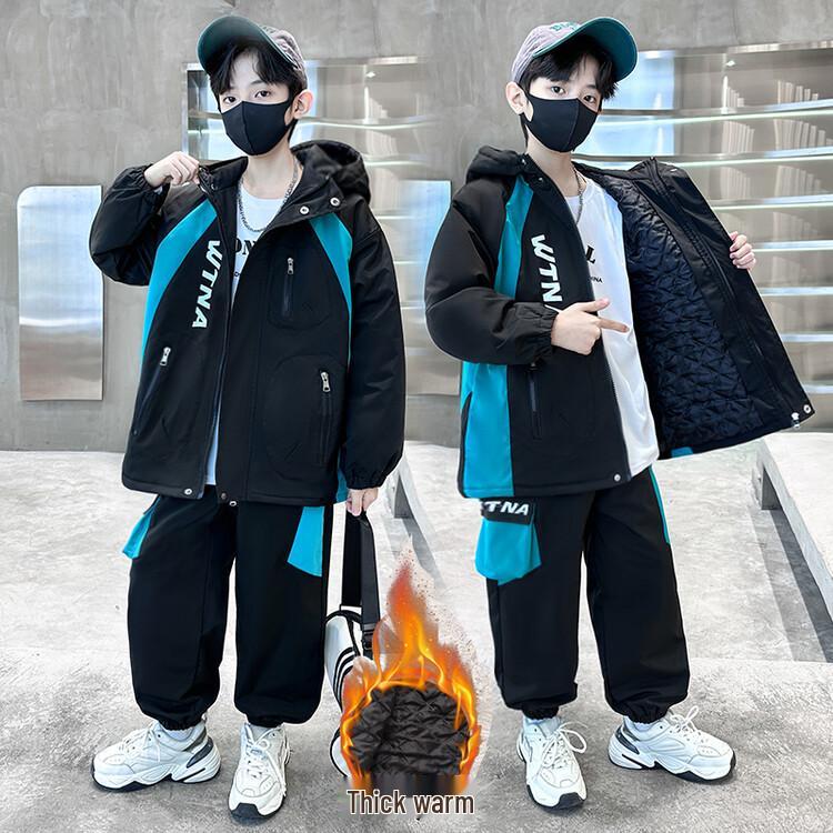 Chłopięcy zimowy zestaw polarowy 2025: Gruby dwuczęściowy komplet z bawełnianym wypełnieniem dla starszych dzieci