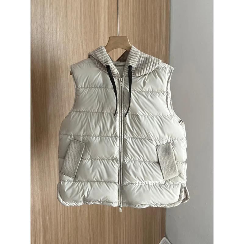 Autumn Knitted Patchwork Sleeveless Down Vest Women Drawstring Hooded Warm Lightweight Down Gilet