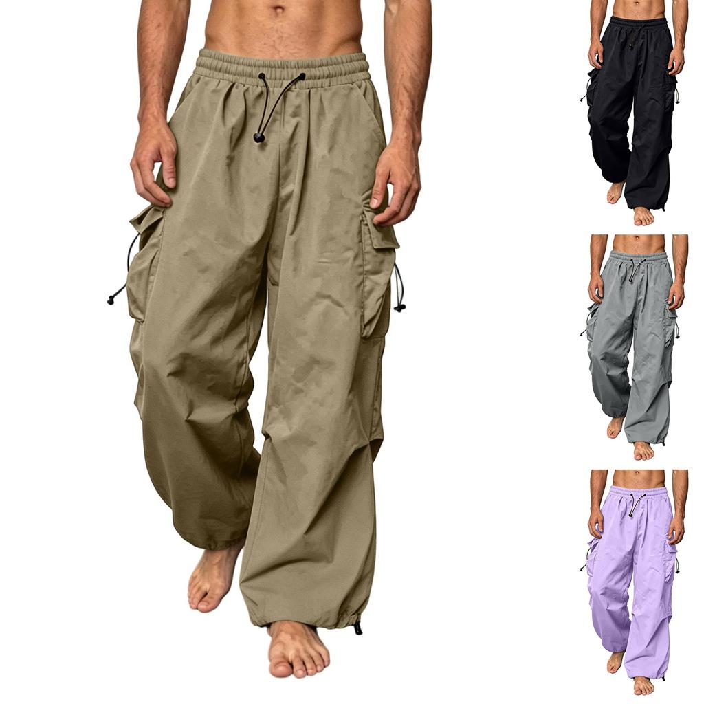 Men's Loose Fit Casual Cargo Pants Elastic Waistband Drawstring Adjustable Hem Multi Pocket Utility Trousers for Everyday Wear