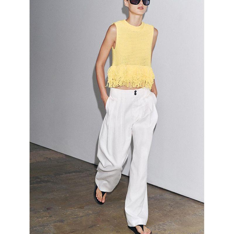 Summer Women's French Style Design round Neck Sleeveless Hem Decorated Tassel Plaid Knitting Tops 4331027