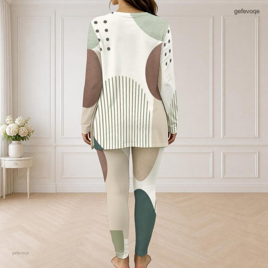 Women Plus Size Purple Gray White Printed Half Zip Long Sleeve Longline Top Fitted Pants Two Piece Set