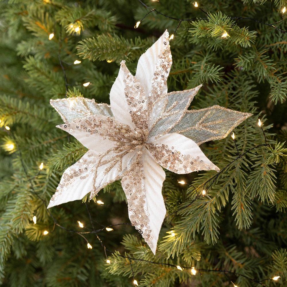 Fabric Plastic Xmas Decorative Flowers DIY Decoration Glitter Fake Flower  Xmas Tree Decorations