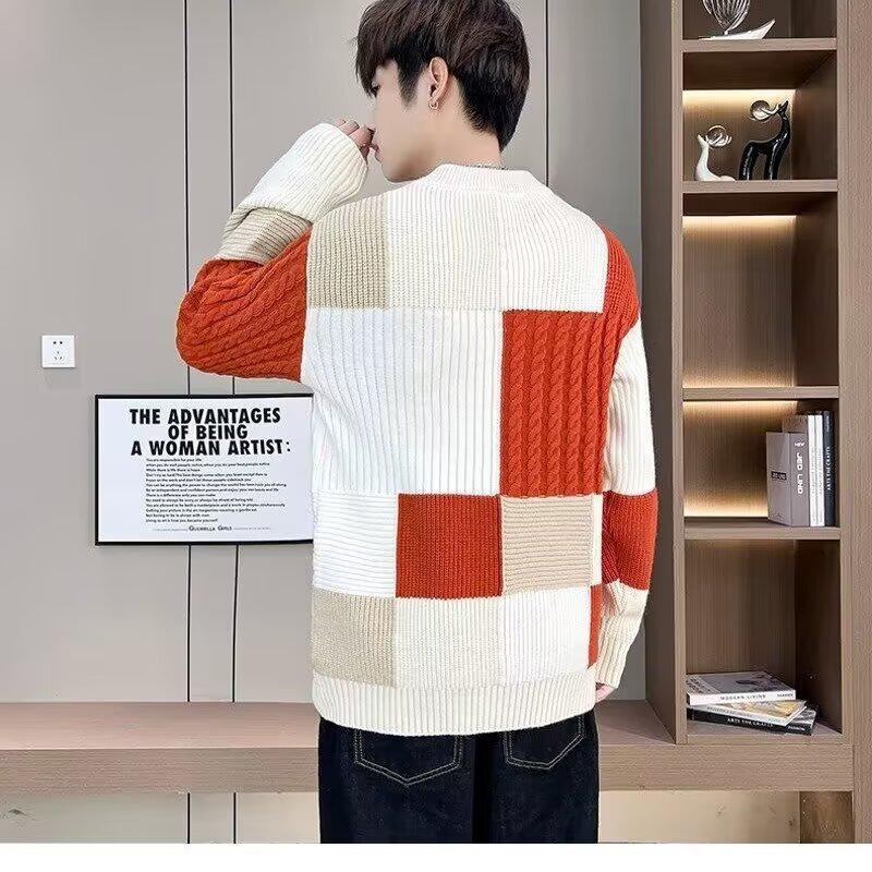 Men's Trendy Color Block Patchwork Sweater, Winter Warmth, Plus Size Knitwear, Versatile Base Layer, Niche Design.