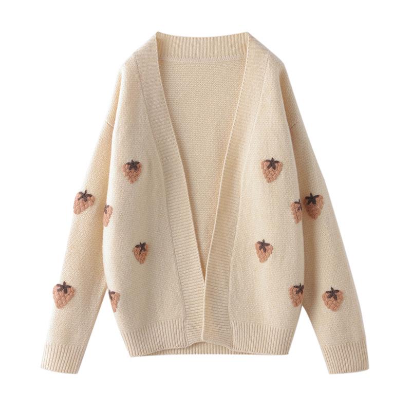 Women's Fashionable V-Neck Color Block Wool Cardigan - Autumn/Winter Sweet Strawberry Sweater