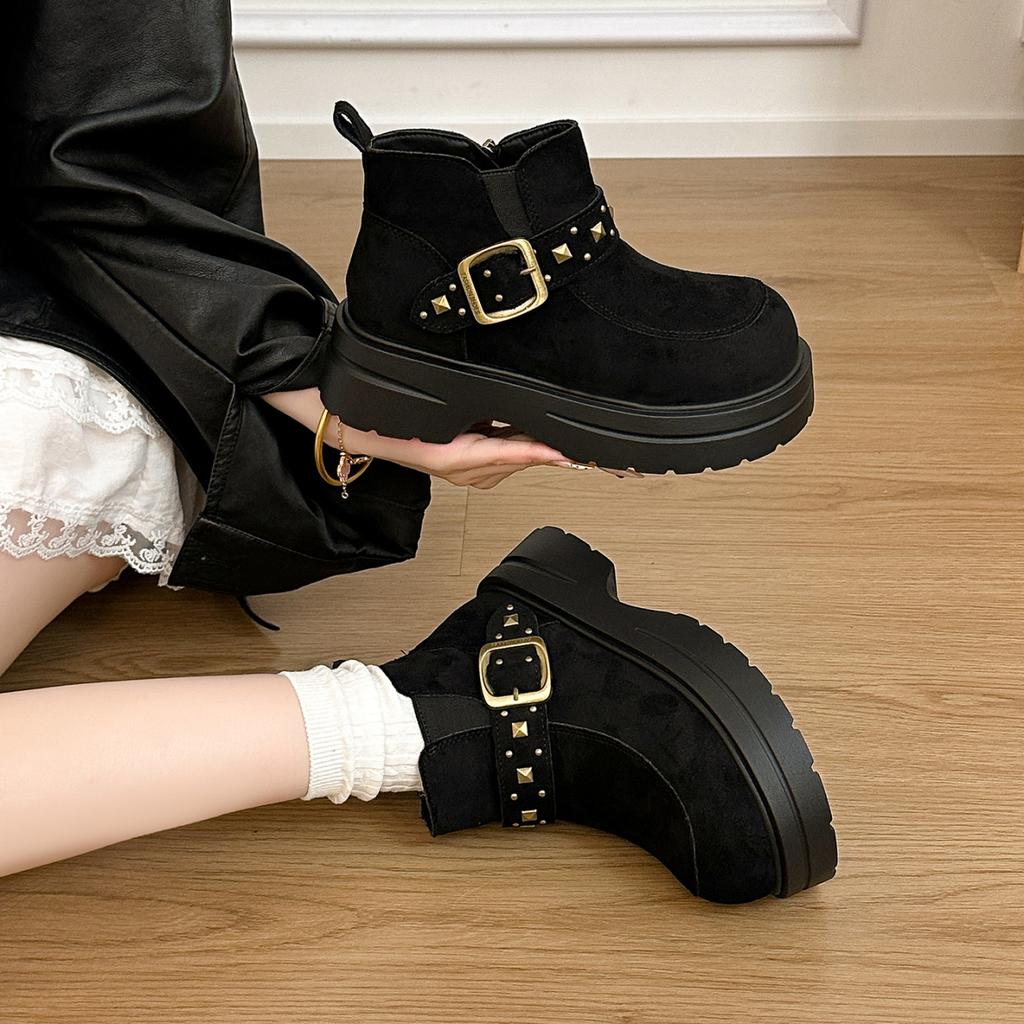 New small belt buckle design low boots women's boots rivets increase the thickness of the bottom fashion a pedal