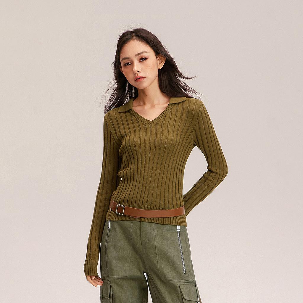 Women's Spring Pit Stripe Design Pullover and Base Top with Long Sleeved Knitted Sweater and Collar