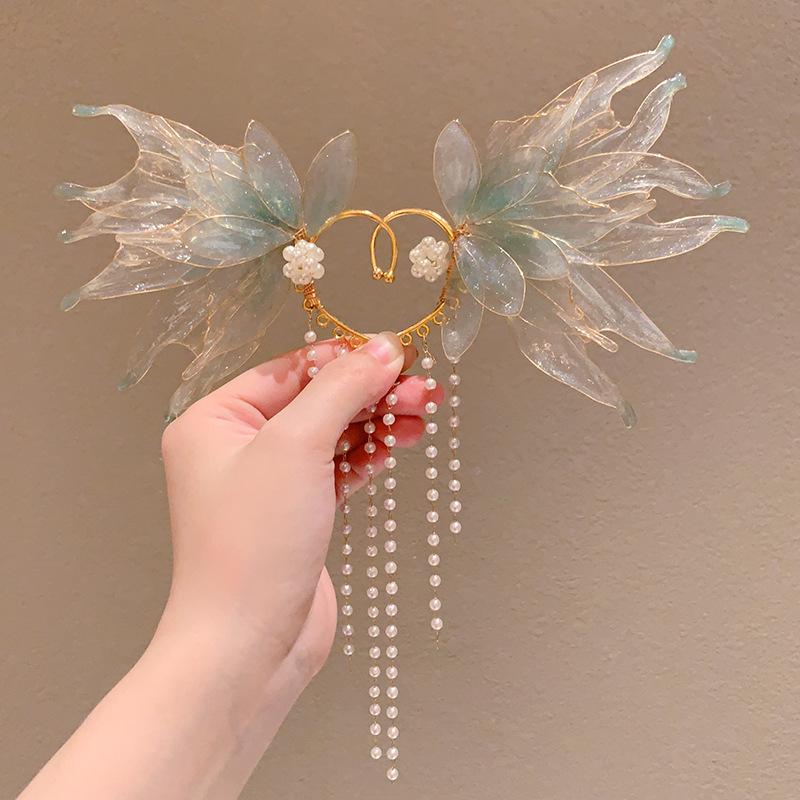 1 пара Креативные Шикарные Ушные Манжеты Русалочка Принцесса Ушные Крылья Феи Эльфа Цветок Ушные Манжеты Без Прокола Эстетичные Жемчужные Кисточки Клипсы для Ушей зелёный