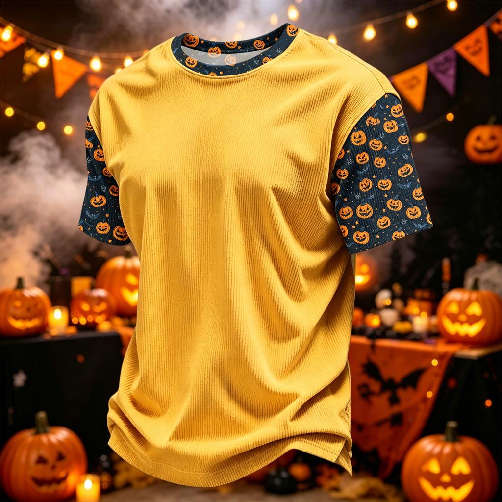 Herren Freizeit Corduroy Kurzarm T-Shirt Leicht Atmungsaktiv Rundhals Oberteil mit Halloween Print Ärmeln und Kragen Design