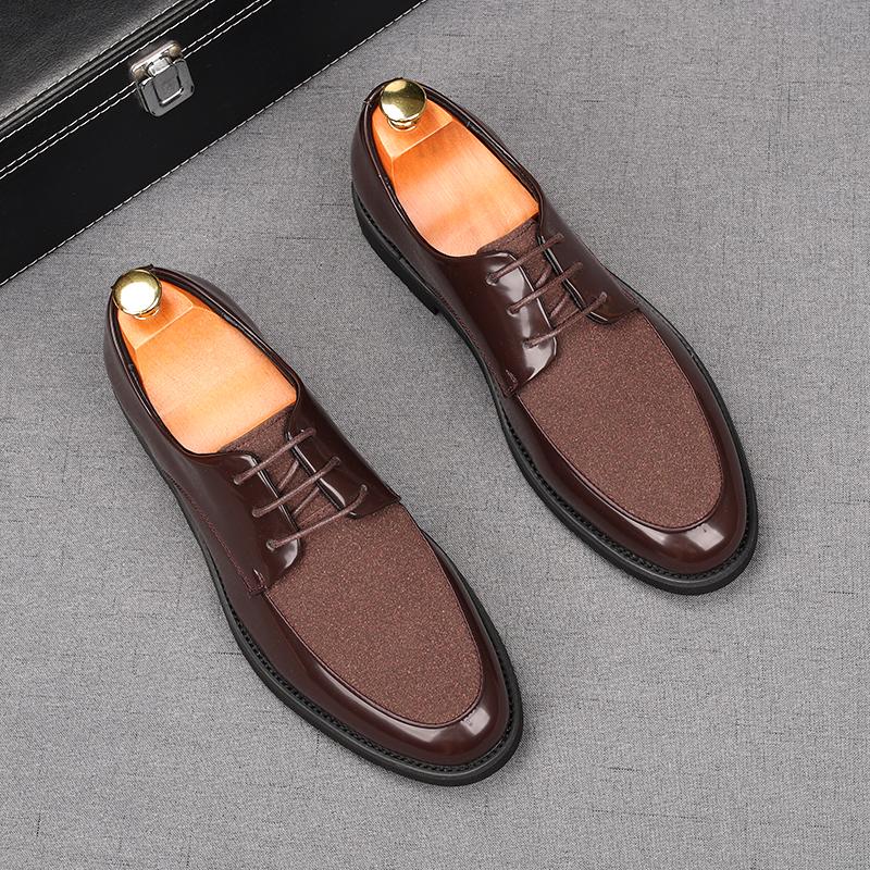Fashion Luxury Men's Lace Up Suede Patent Leather Mixed Business Flats Shoes Male Designer Homecoming Wedding Dress Footwear