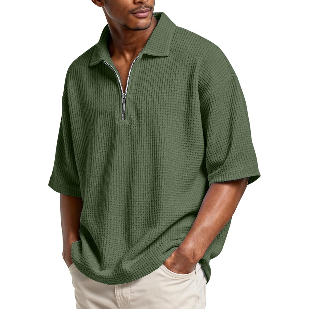 Herren Basic Reißverschluss Stehkragen Kurzarmhemd