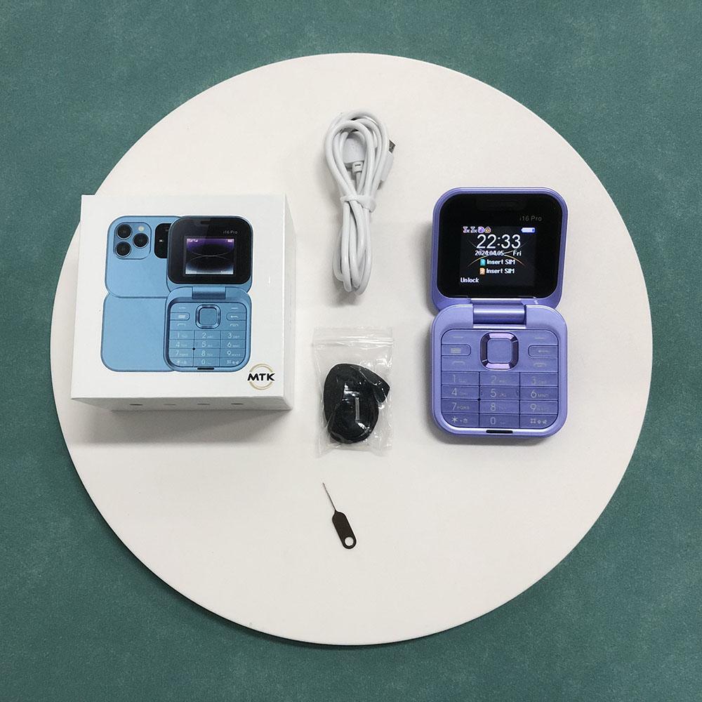 I16 Pro Super Mini Dual SIM Phone 1.77inches HD Screen Flip Mobile Phone 2G GSM Foldable Small Feature Phone Bluetooth FM Radio Speed Dial Phone