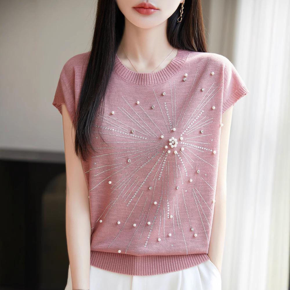 Women's Summer Bamboo Linen Beaded Crew Neck T-Shirt