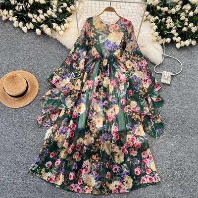 Summer Woman Dress Vintage Sweet Floral Chiffon Robe Femme Loose High Waist Temperament Maxi Dresses
