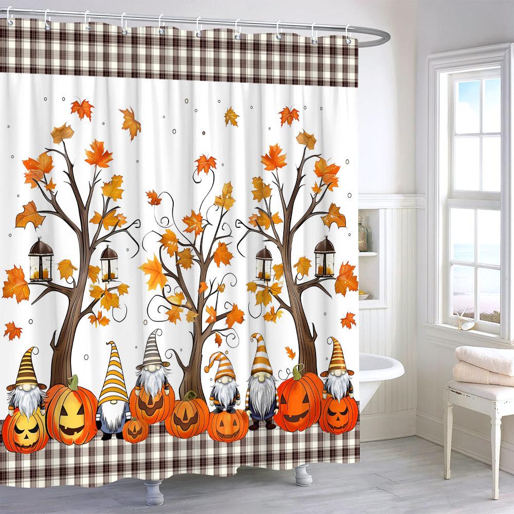 Autumn Watercolour Leaves Pumpkin Shower Curtain Maple Leaves Thanksgiving Gift Polyester Printed Shower Curtains Bathroom Decor