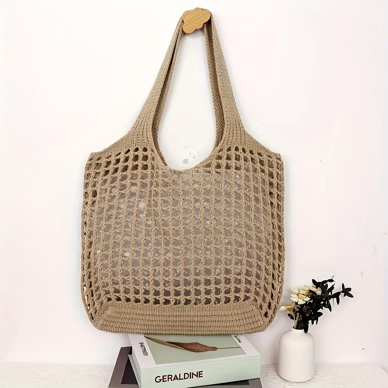 1pc Women'S Crochet Tote , Large Capacity Hollow Woven Shopping with Fixed Shoulder Strap,Ideal for Travel, Bags for Women