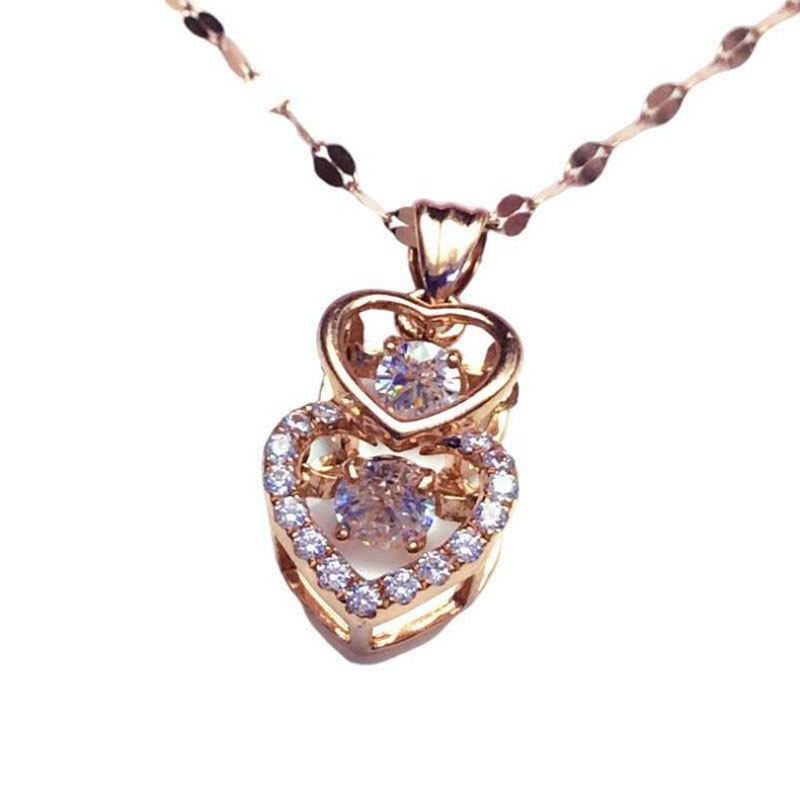 Exquisite Russian 585 Purple Gold Luxury Full Diamond Double Heart Pendant Rose Gold Plated Color Gold Design Gorgeous Necklace