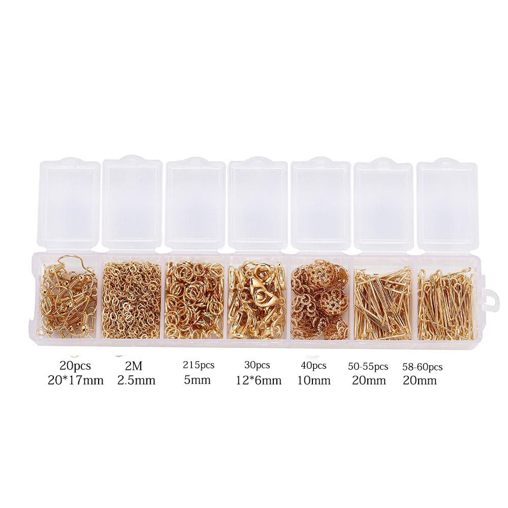 420 Stück/Karton Schmuckherstellungs-Kits Halsketten-Ketten Ohrhaken Kopf-Nadeln Biegeringe Karabinerverschluss DIY Schmuckzubehör Set Zubehör