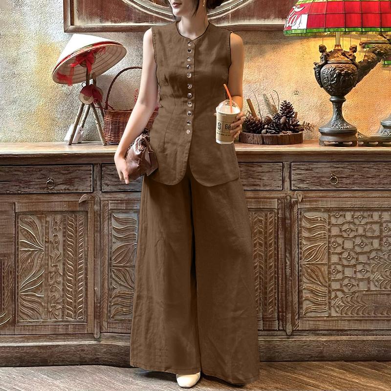 ZANZEA Lässiger Zweiteiler für Damen, ärmelloses Westentop und Hose mit weitem Bein