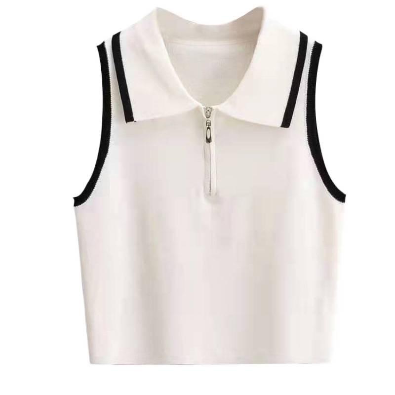 2026 Spring/Summer Women's Color Block Knit Vest with Doll Collar and Tight Elastic High Waist Cropped Design