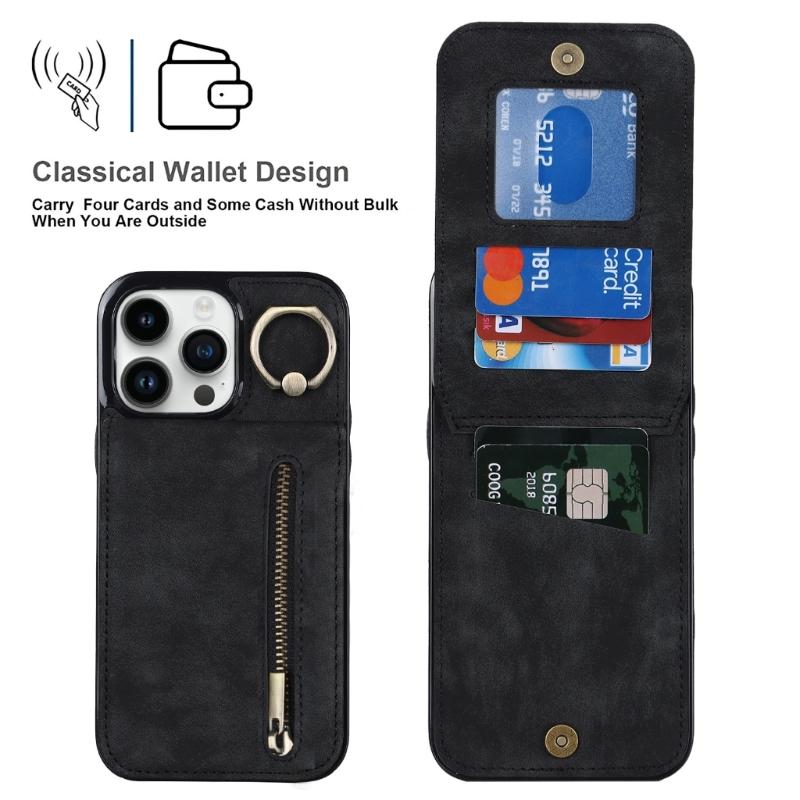 Cover for Phone16 Series Rings Stand Case with Card Slot Holder and Kickstand Leather Wallet Case