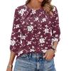 Women Floral Print 3/4 Sleeve Round Neck Pleated Casual Blouse Top Lightweight Comfortable Fit