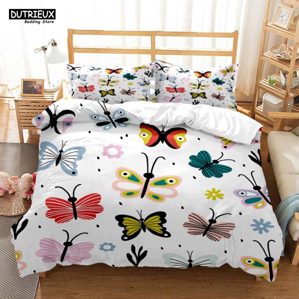 

Butterfly Print Digital Print Polyester Bedding Sets,Girl s Cover, Queen cover&2pcs Pillowcase,Boys Bed Linen Set For Teens (135x200cm)
