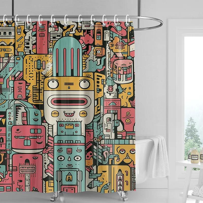 

Cartoon Character Shower Curtain-Vibrant Blue, Pink And Yellow With Whimsical Patterns, Playful Bathroom Decor W60H190(CM)-1 Pcs