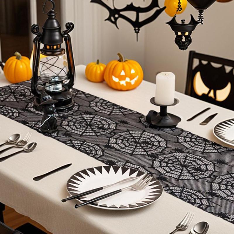 Halloween Black Lace Table Runner Halloween Table Decoration Skull Soft Table Runner Holiday Party Decoration Table Flag