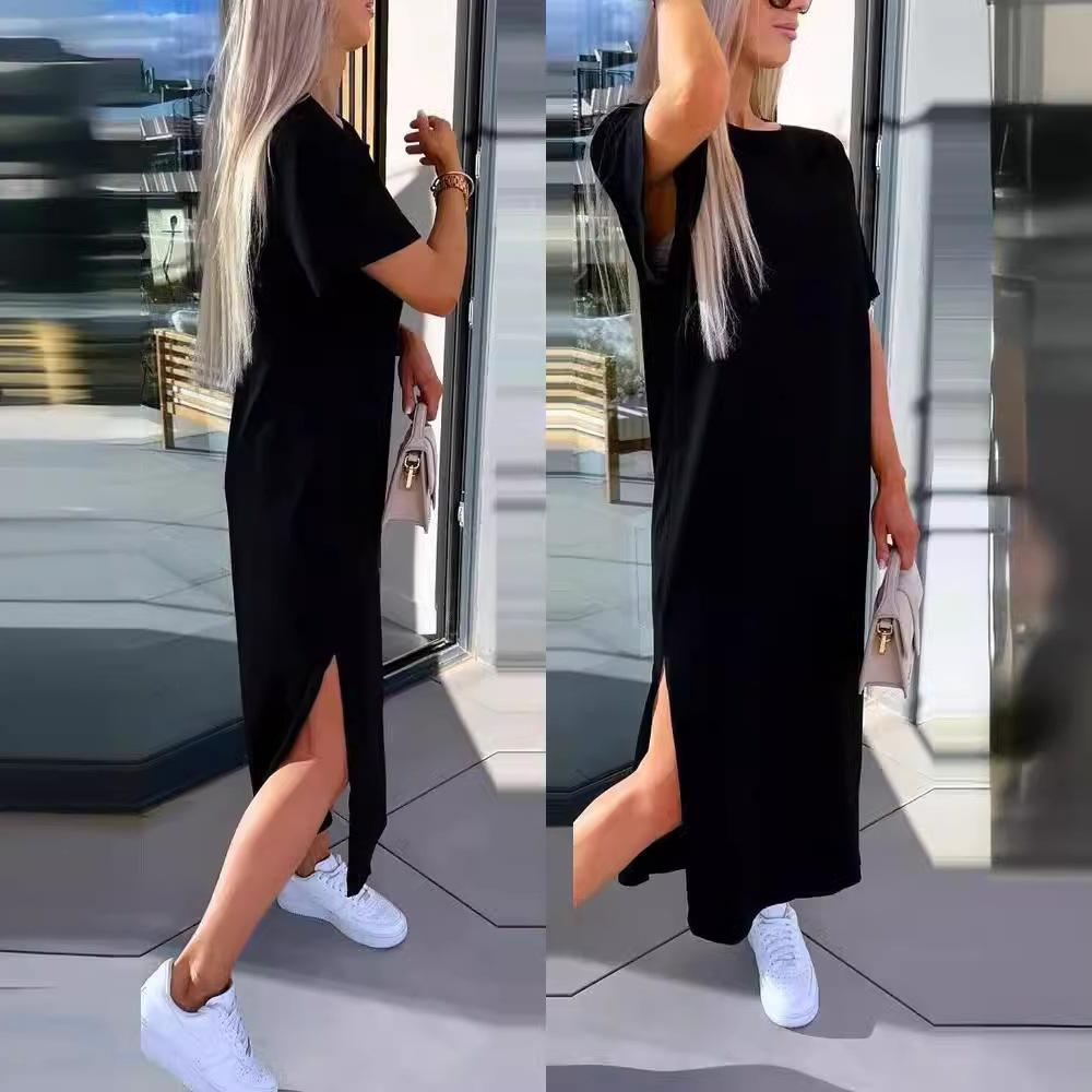 Women's Solid-Color Short-Sleeve Round-Neck Split-Hem Dress for Summer and Fall