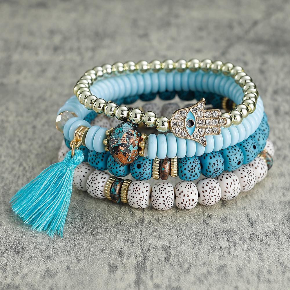 

Богемский многослойный браслет из бисера с кисточками и ладонью от сглаза для мужчин и женщин небесно-голубой