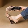 French holiday style high-heeled cool slippers women's outer wear summer 2025 new soft leather rhinestone bow wedge sandals
