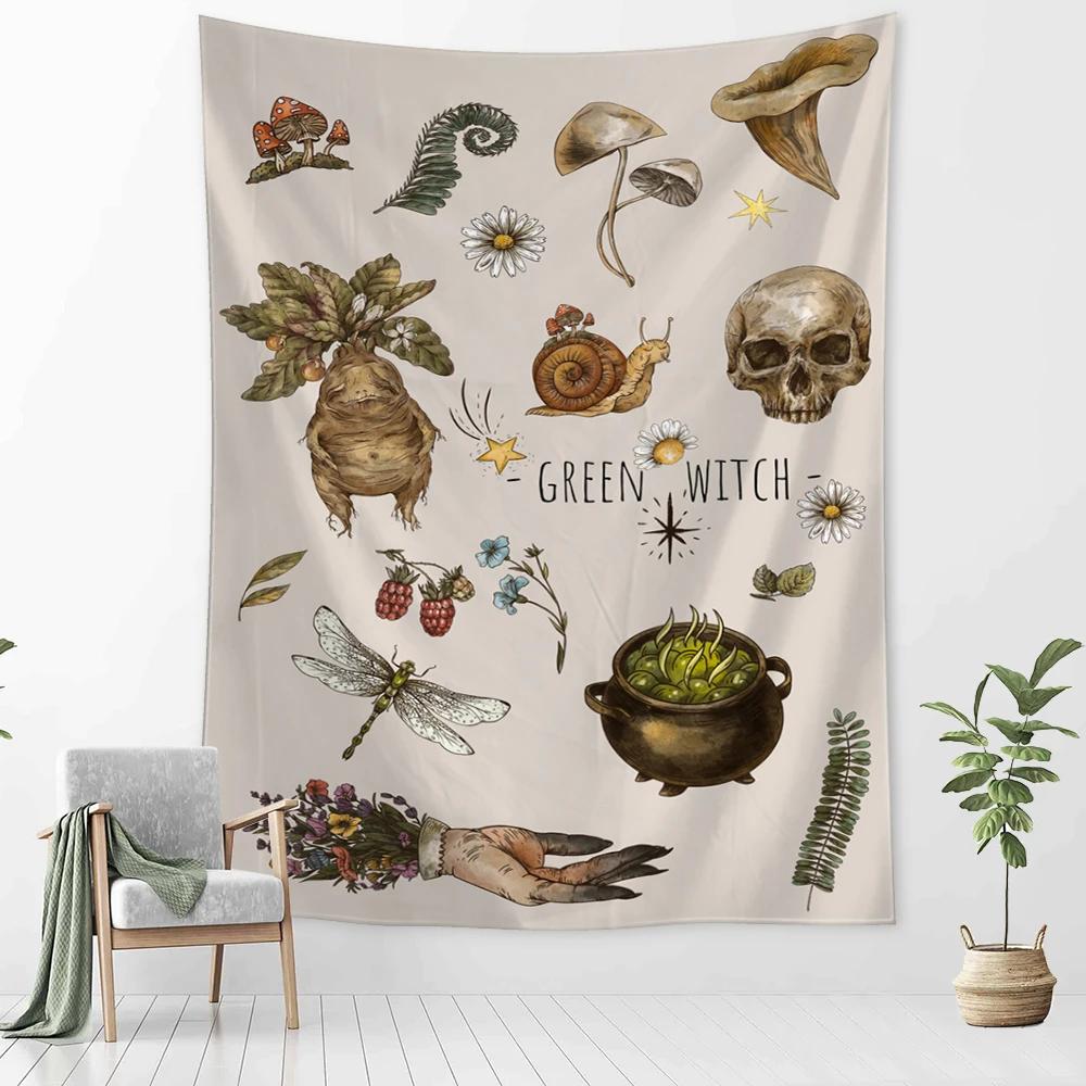 Vintage Magic Mushroom Tapestry Wall Hanging Witch Hand Mural Botanical Mystery Boho Hippie Home Decor