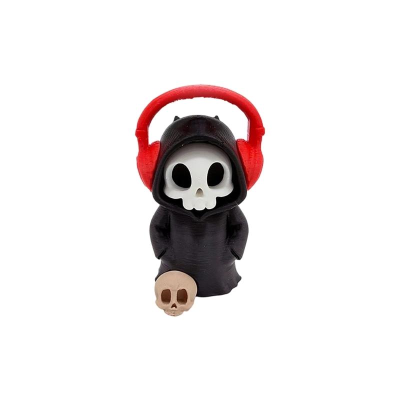 Small Table Decorative Figure with Hooded Skull Character, Collector Shelf Piece for Desk Display and Themed Styling