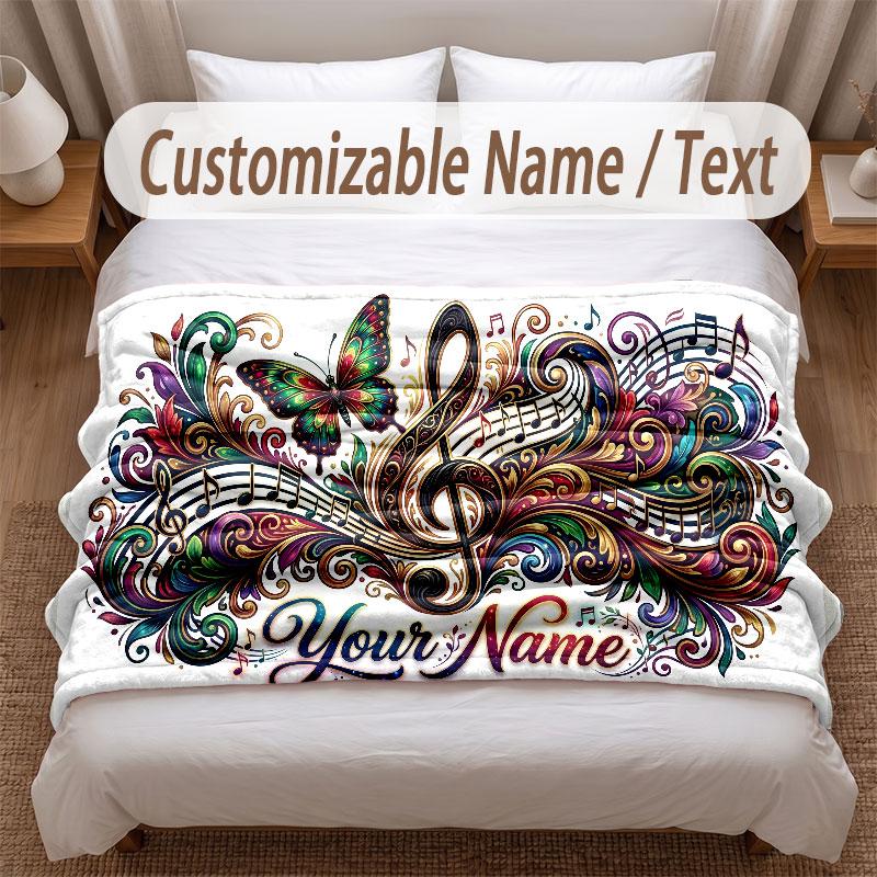 Music Theme Soft Blanket Personalized Custom Name Text Print Warm Blanket Home Sofa Bedroom Decor