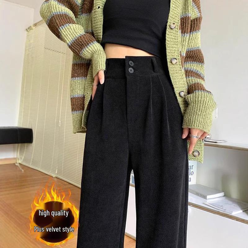 Petite Women's Black Fleece-Lined High-Waisted Wide-Leg Pants for Fall/Winter