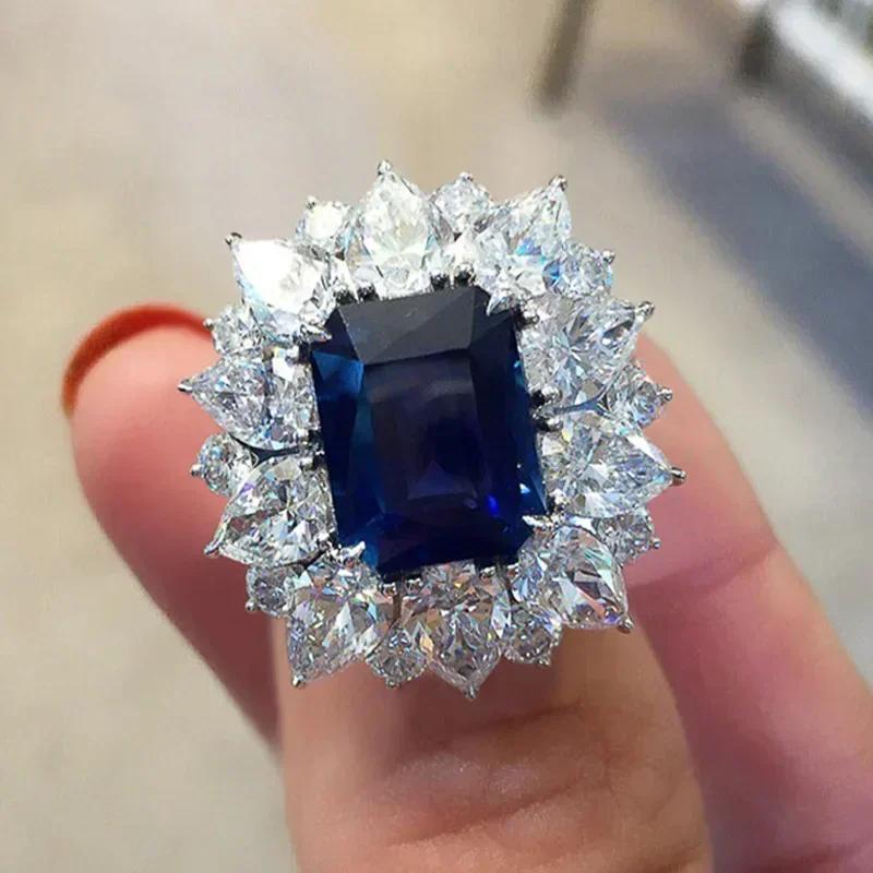 2026 New Blue Cube Zircon Attends Banquet Ring Fashionable, Elegant, High End Women's Bridal Luxury Inlaid Jewelry Accessories